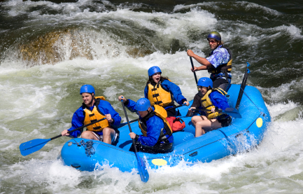 Fast-moving river with rafters